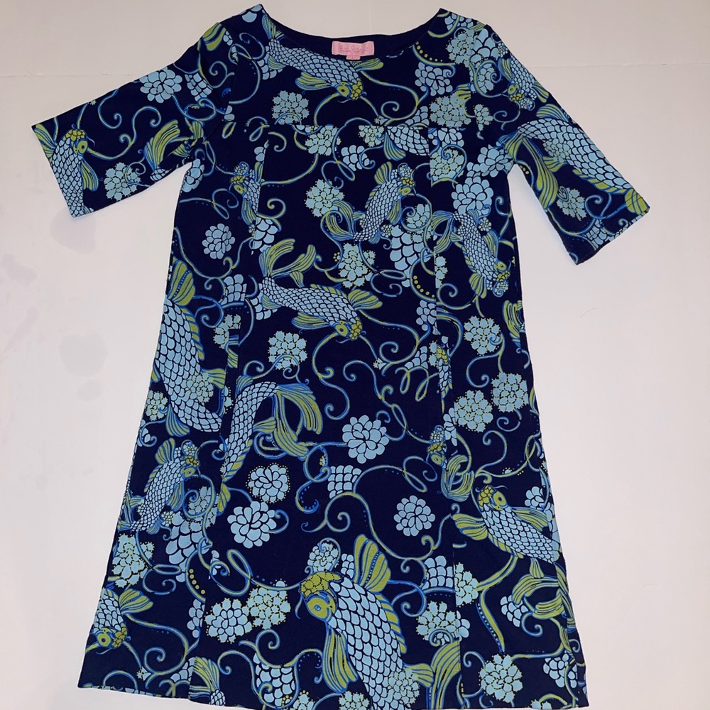 Lilly Pulitzer Girls Size L A Line Don’t Be Koi Blue Knit Pocket Dress